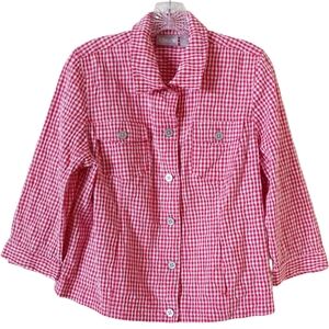 Chico's Red & White Gingham Plaid Fall Button Up Casual Pumpkin Patch Shirt
